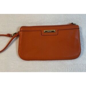 Nine West Faux Leather Orange Zip Clutch Wristlet Gold Animal Print